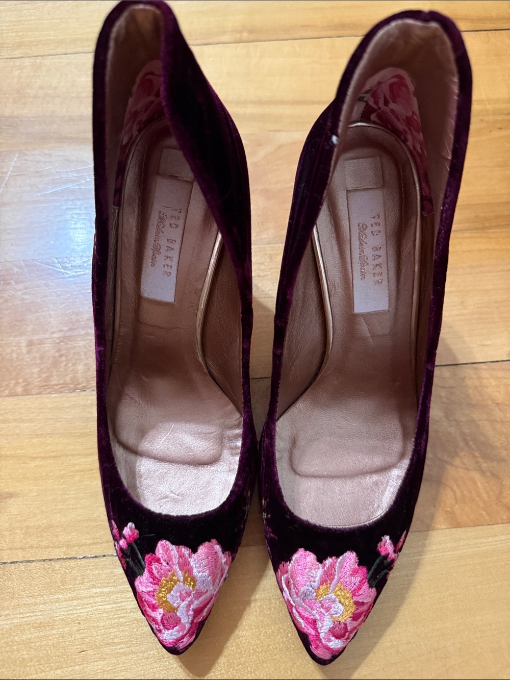 Ted Baker Burgundy Velvet Pointed Toe Heels with Pink Floral Embroidery